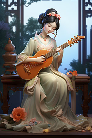 古风弹琴少女汉服传统文化插画