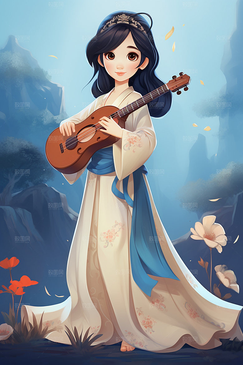 古风弹琴少女乐器汉服插画
