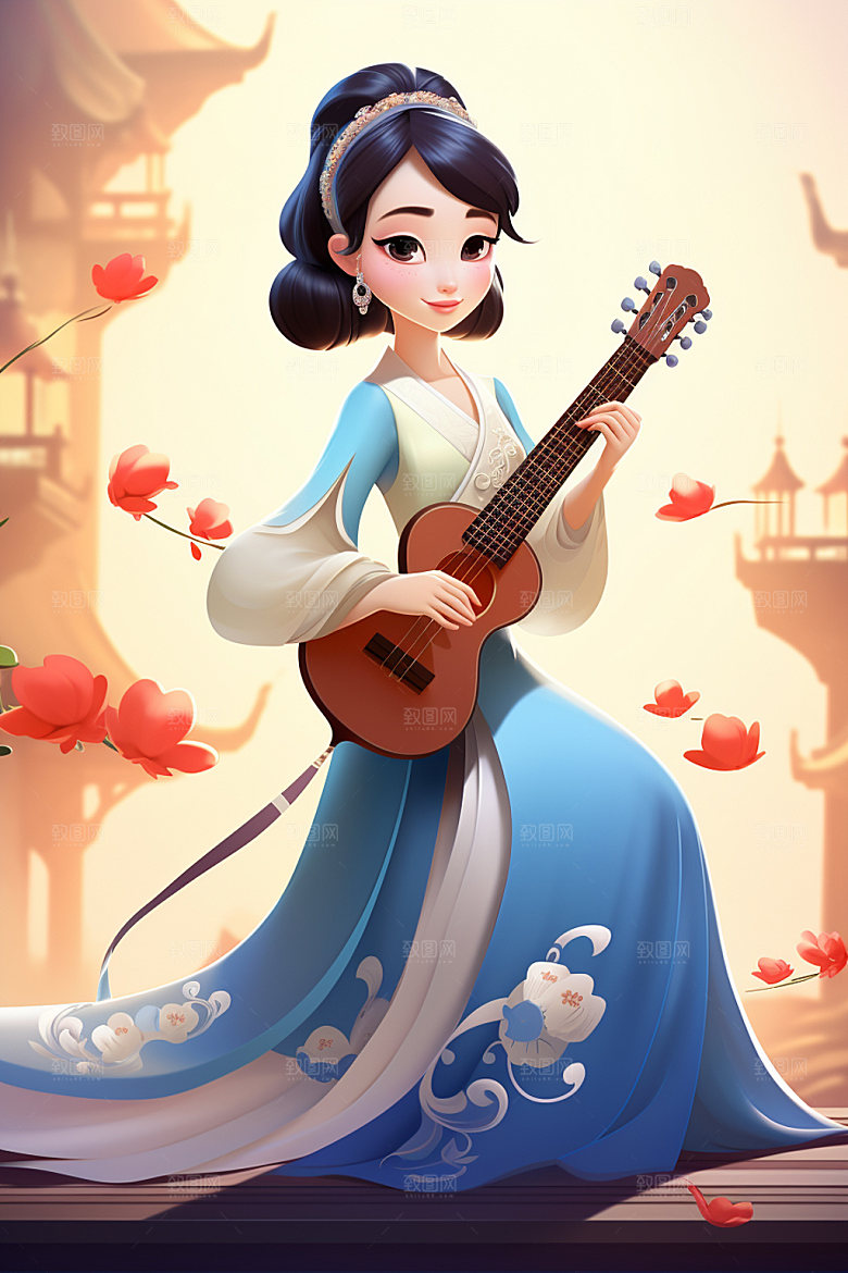 古风弹琴少女乐器中式插画