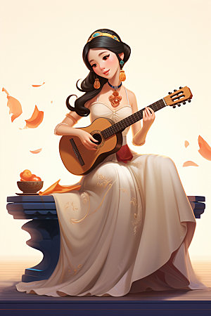 古风弹琴少女乐器传统文化插画