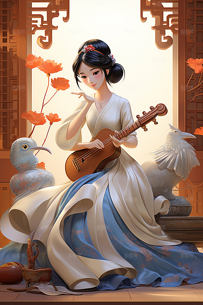 古风弹琴少女中式唯美插画