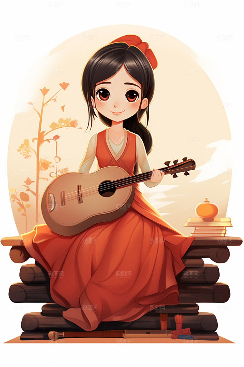 古风弹琴少女乐器唯美插画