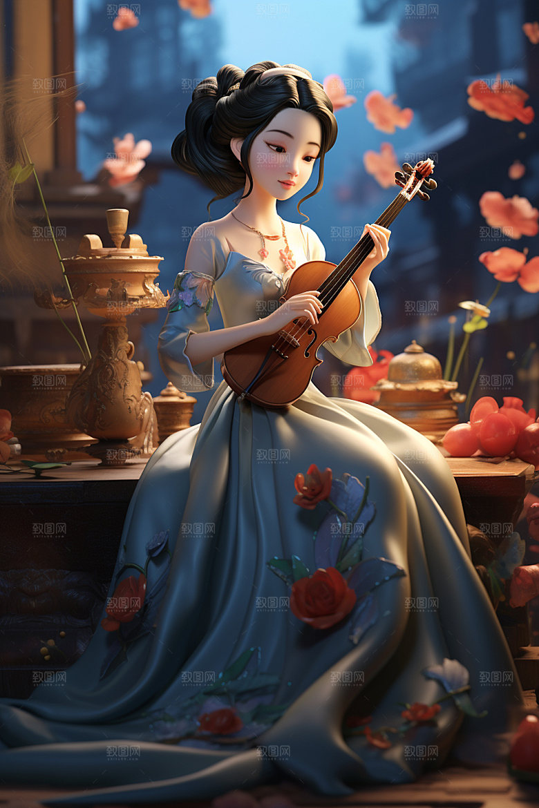 古风弹琴少女乐器唯美插画