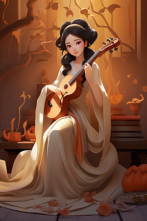 古风弹琴少女中式乐器插画