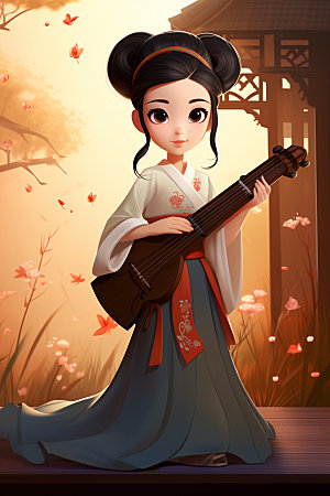 古风弹琴少女中国风乐器插画