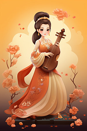 古风弹琴少女演奏中国风插画