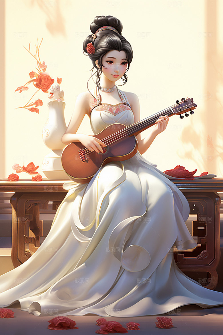 古风弹琴少女乐器传统文化插画