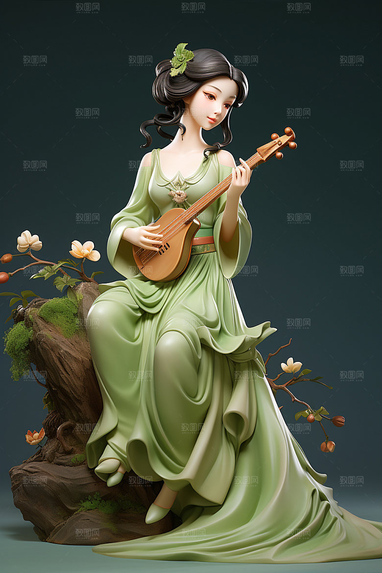 古风弹琴少女中国风演奏插画