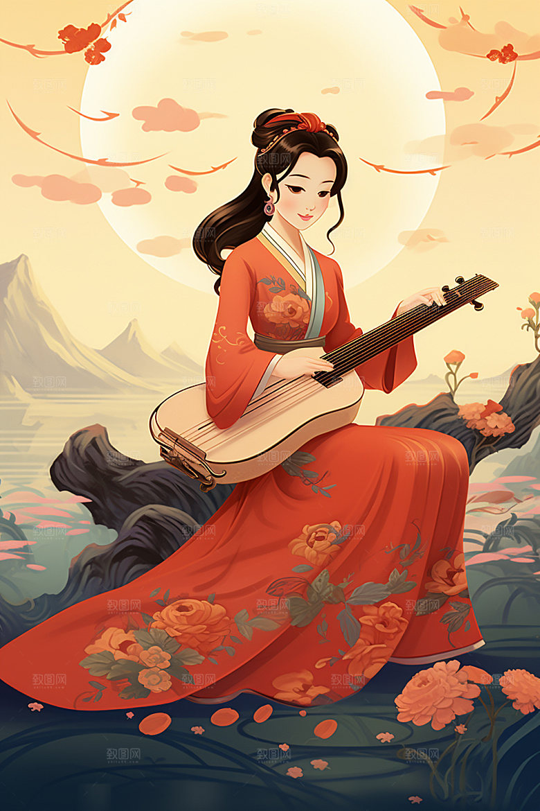 古风弹琴少女中国风中式插画