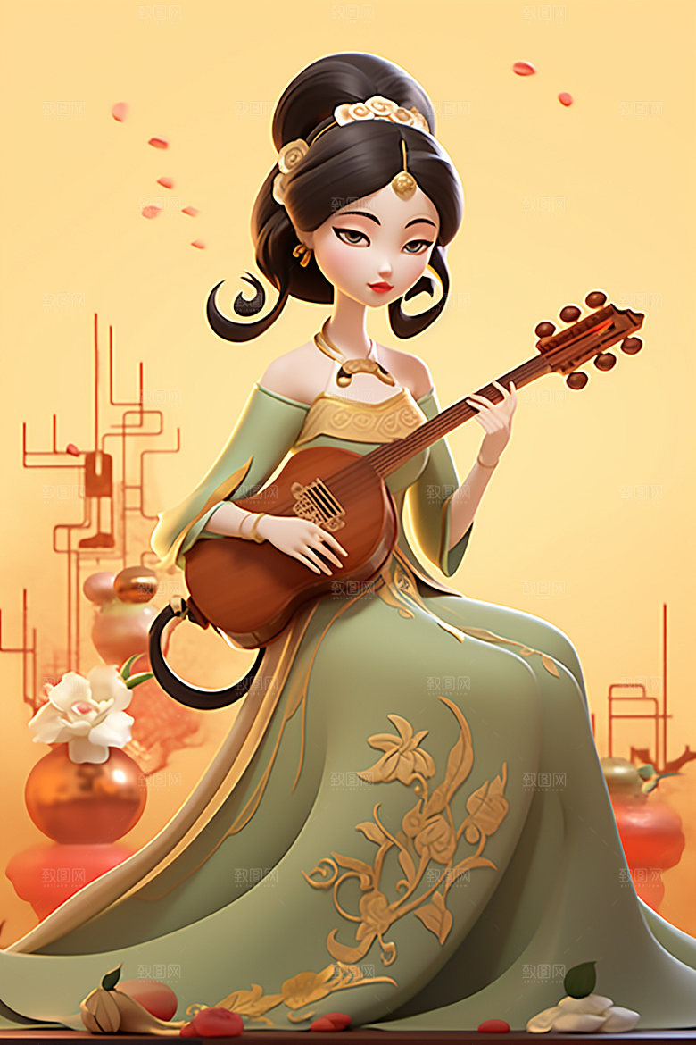 古风弹琴少女中国风中式插画