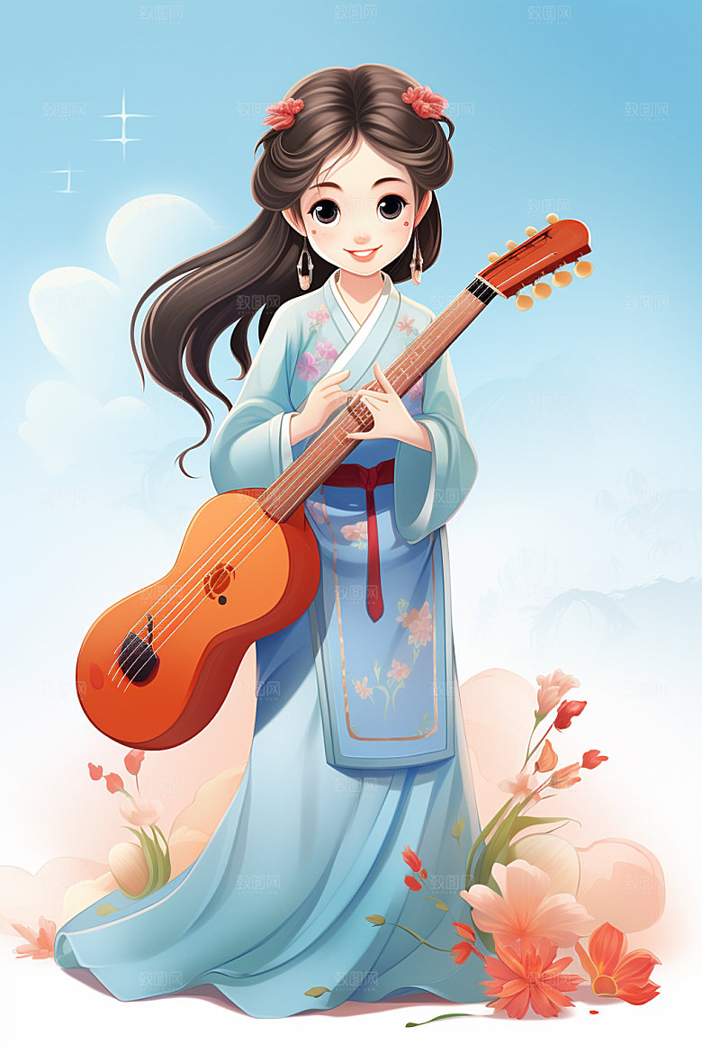 古风弹琴少女演奏乐器插画