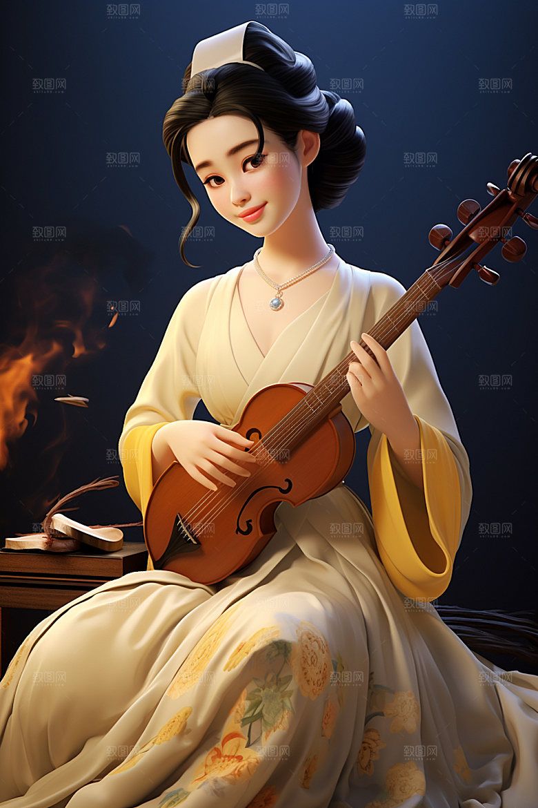 古风弹琴少女唯美中国风插画