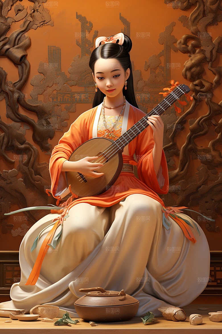 古风弹琴少女中国风乐器插画