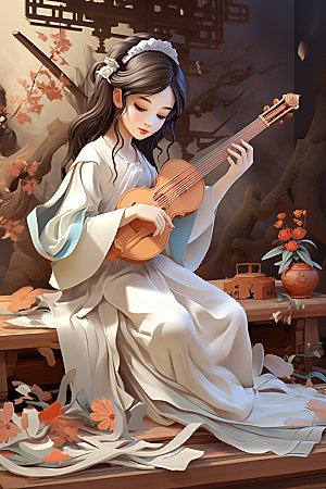 古风弹琴少女传统文化中式插画