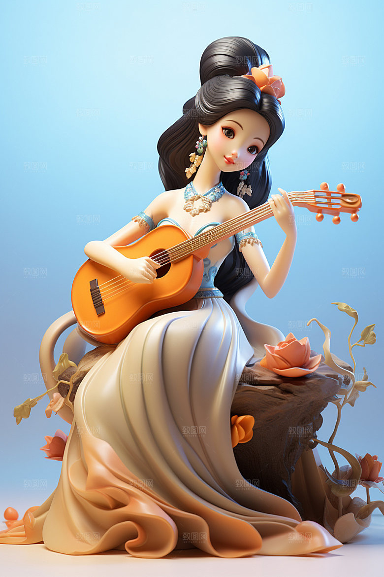 古风弹琴少女汉服中式插画