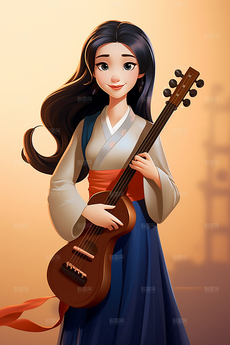 古风弹琴少女唯美中国风插画