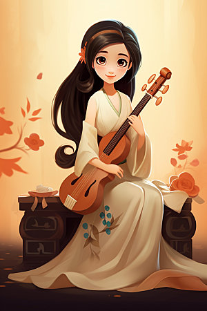 古风弹琴少女乐器传统文化插画