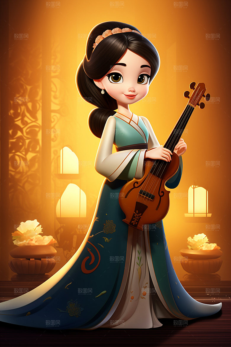 古风弹琴少女中国风中式插画