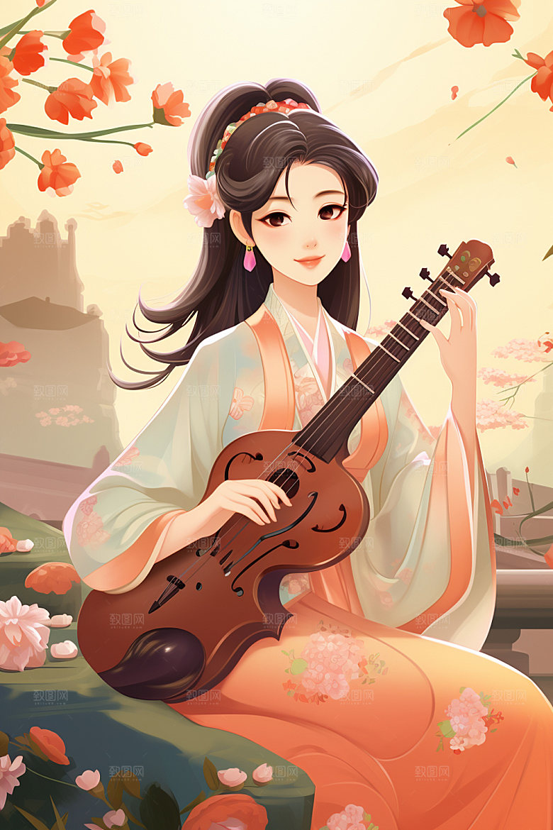 古风弹琴少女中式传统文化插画