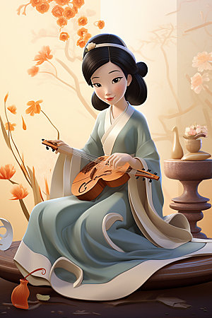 古风弹琴少女传统文化唯美插画
