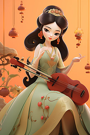 古风弹琴少女中国风汉服插画