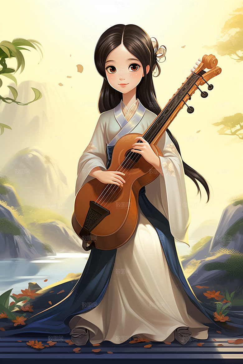 古风弹琴少女乐器汉服插画