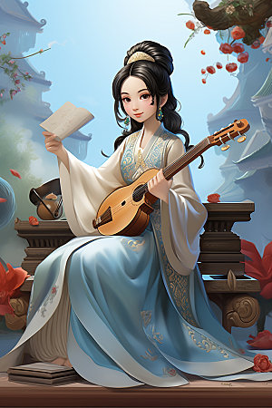 古风弹琴少女传统文化演奏插画