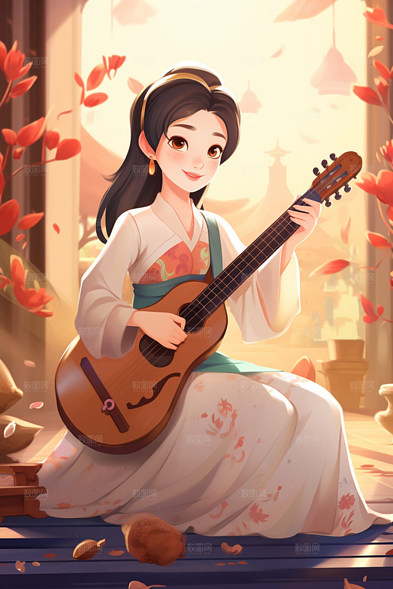 古风弹琴少女乐器中式插画