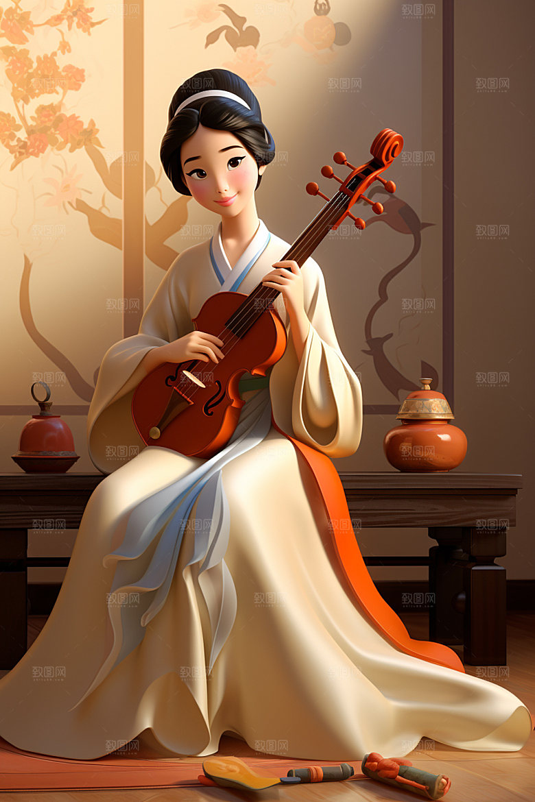 古风弹琴少女唯美传统文化插画