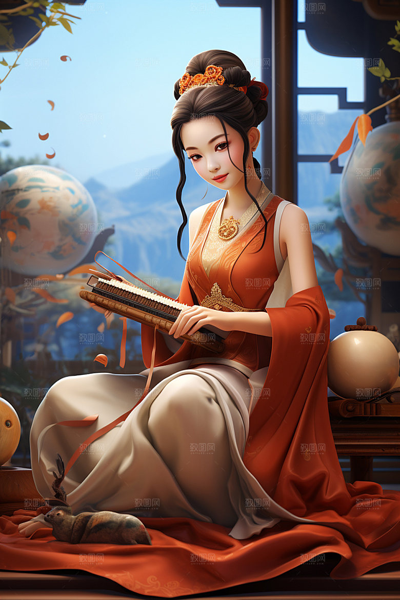 古风弹琴少女传统文化唯美插画