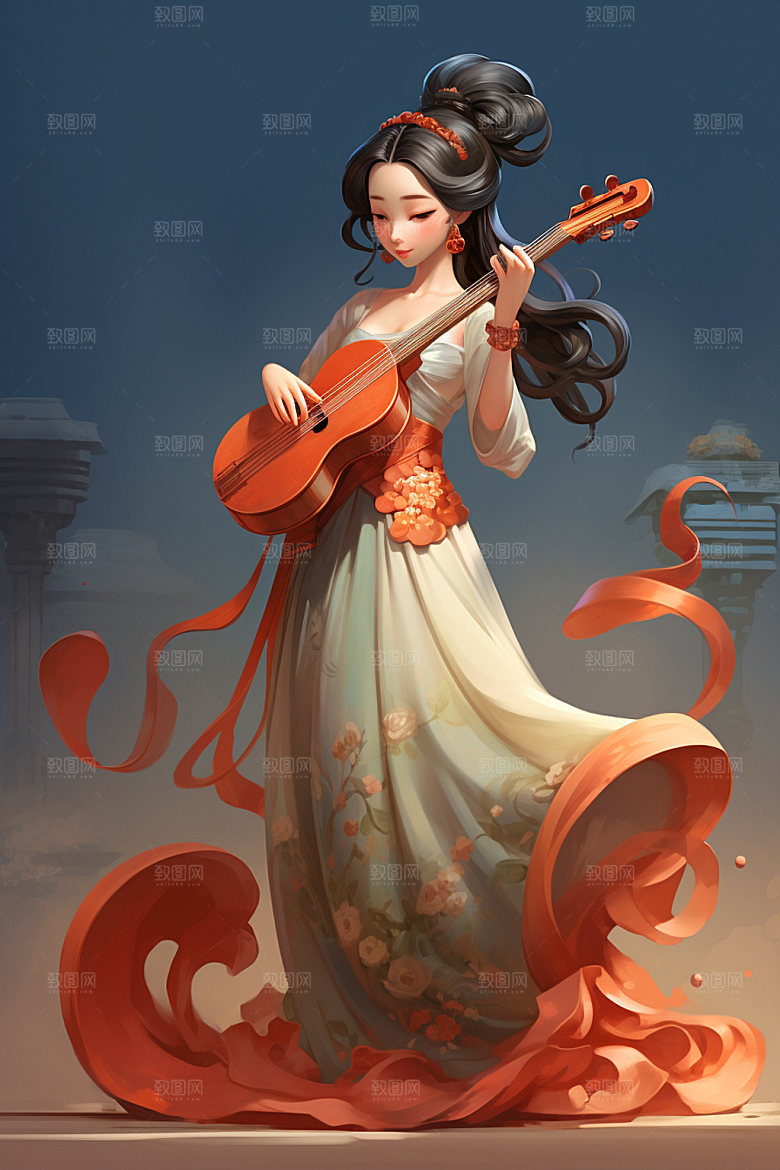 古风弹琴少女演奏唯美插画