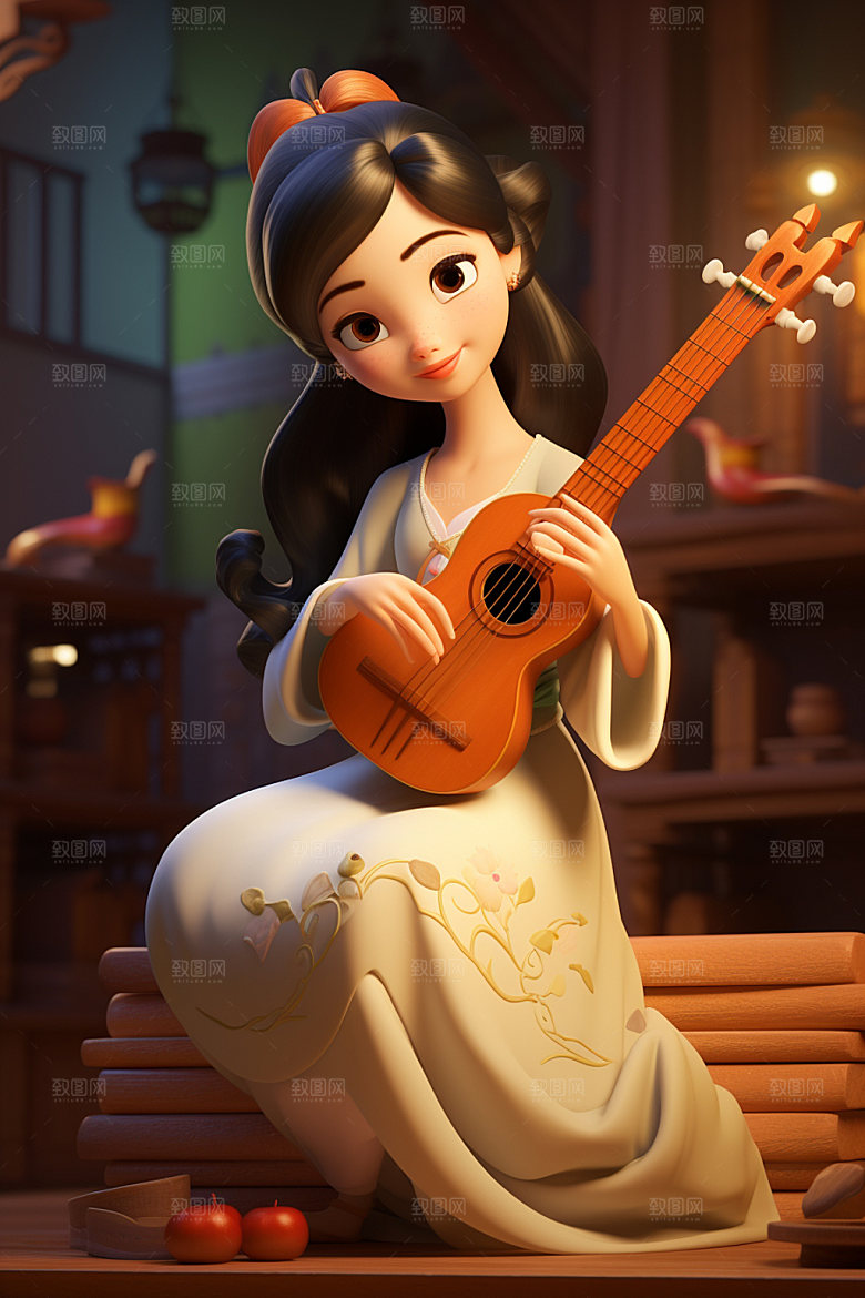 古风弹琴少女演奏中国风插画