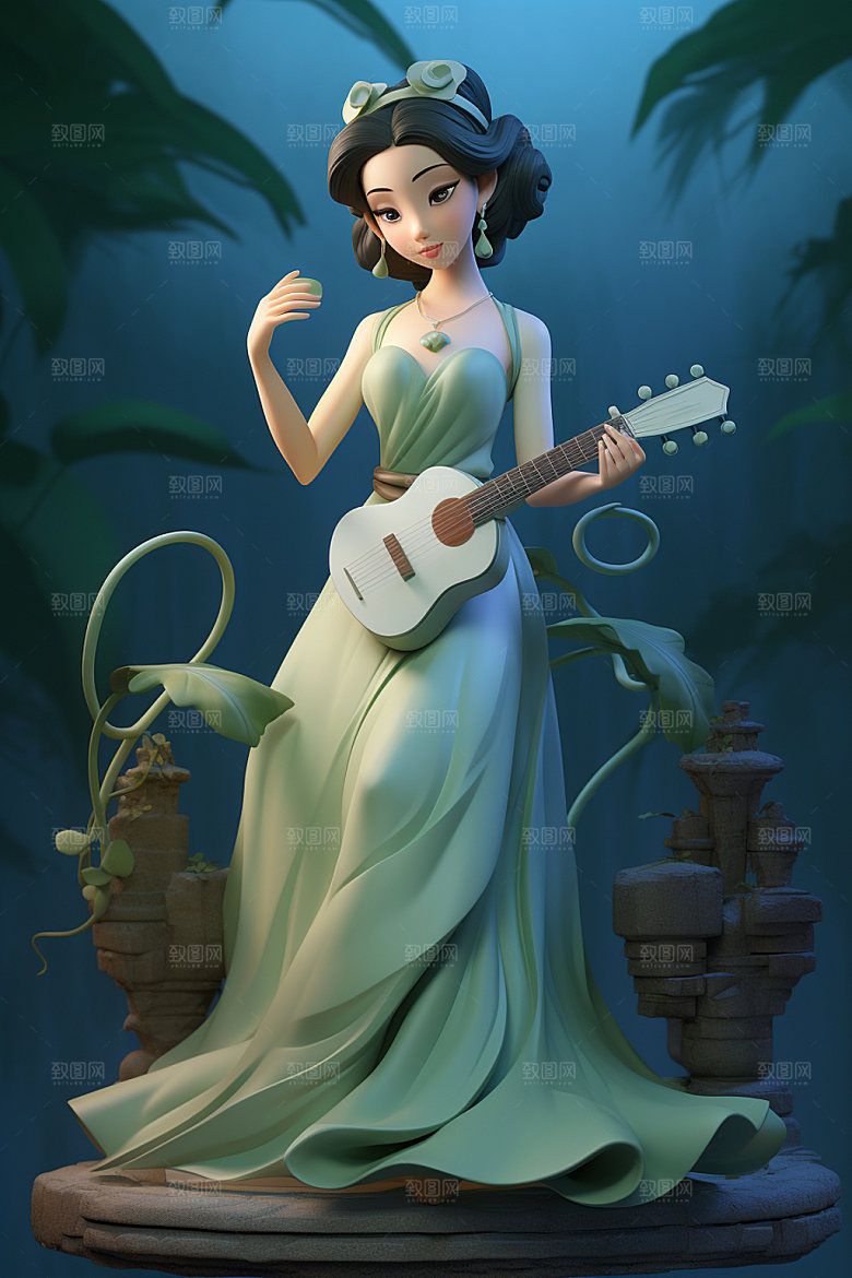 古风弹琴少女中式传统文化插画
