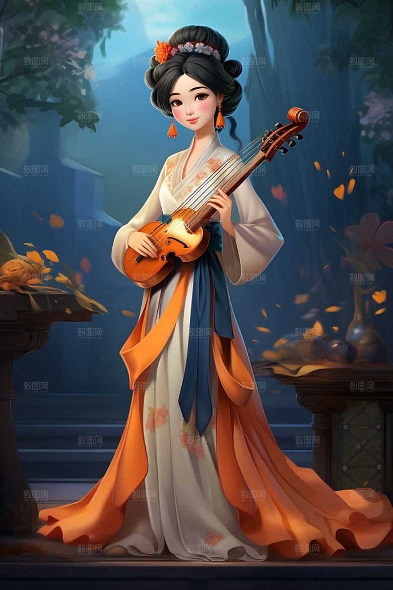 古风弹琴少女乐器唯美插画