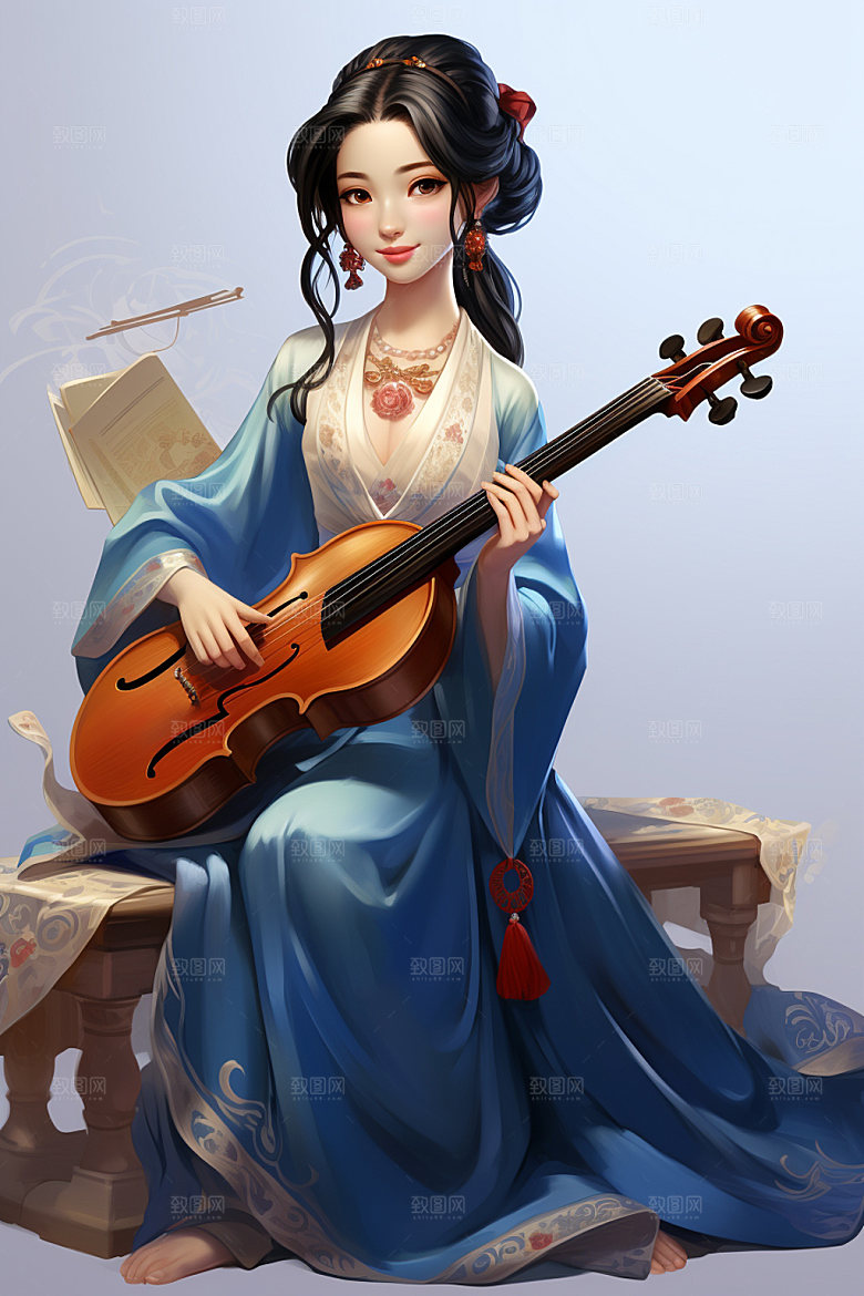 古风弹琴少女演奏汉服插画