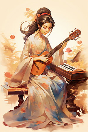 古风弹琴少女唯美传统文化插画