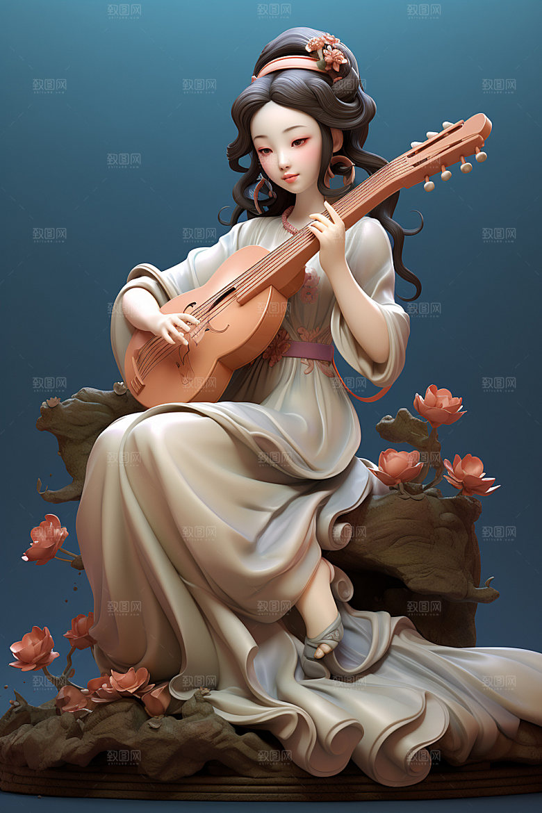 古风弹琴少女乐器唯美插画