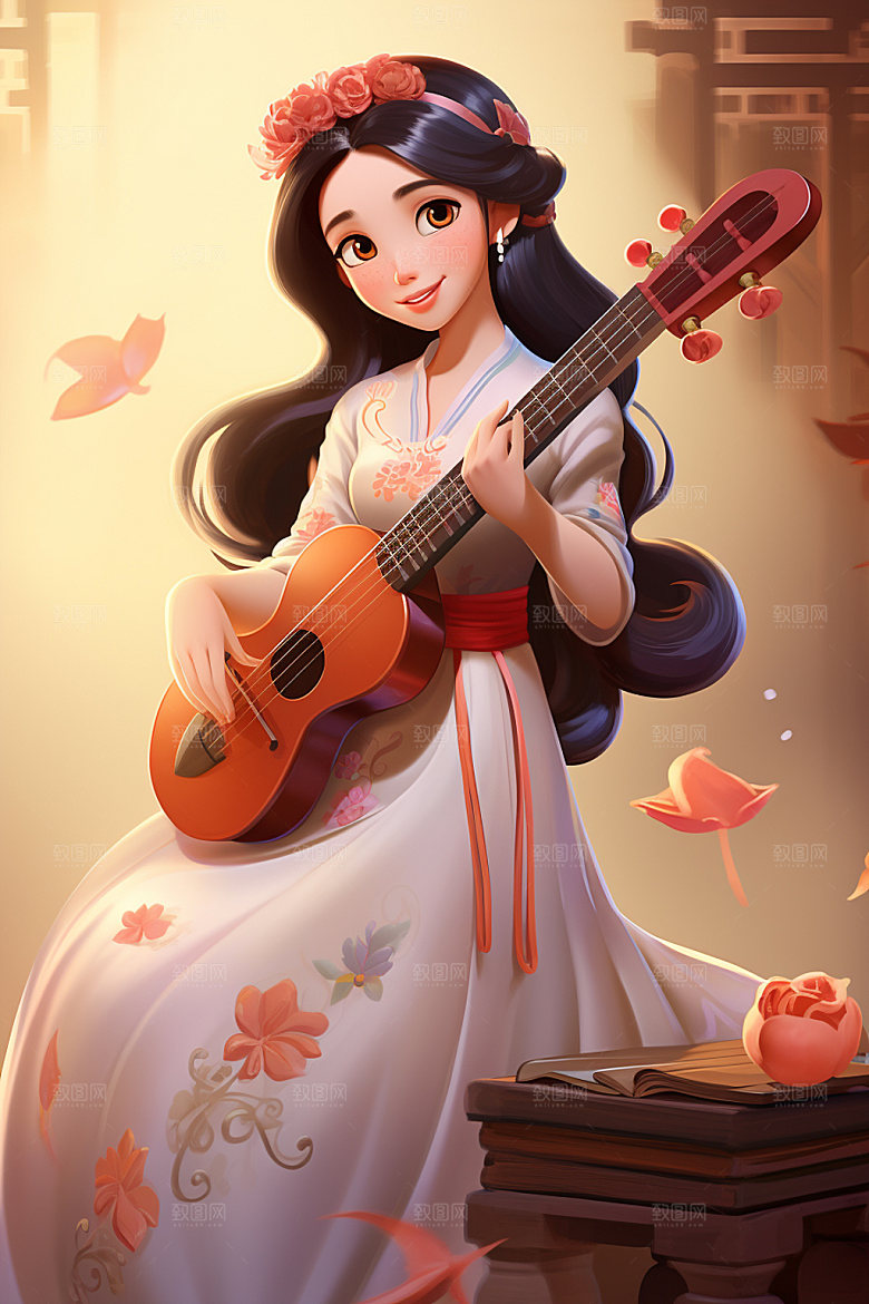 古风弹琴少女汉服演奏插画