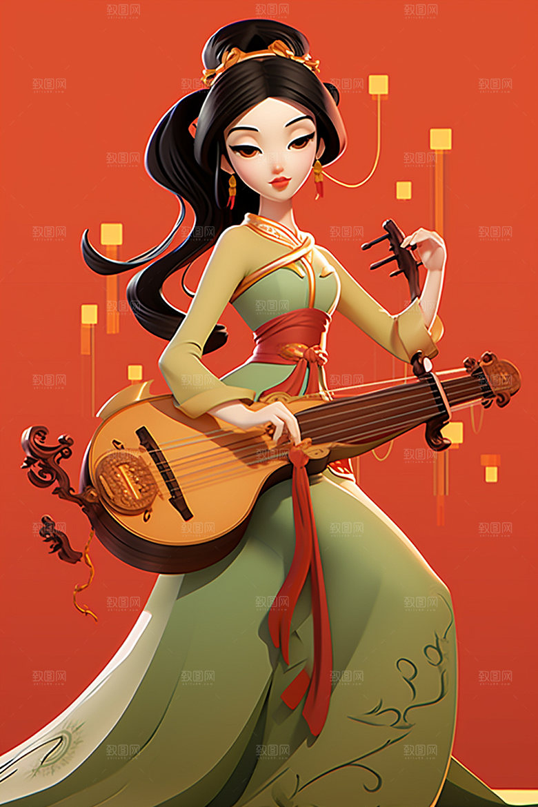 古风弹琴少女中国风唯美插画