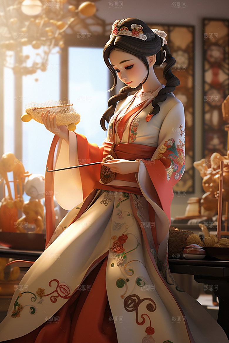 古风弹琴少女汉服乐器插画