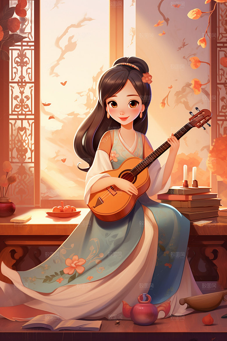 古风弹琴少女唯美演奏插画