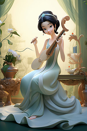 古风弹琴少女传统文化乐器插画