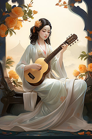 古风弹琴少女中式乐器插画