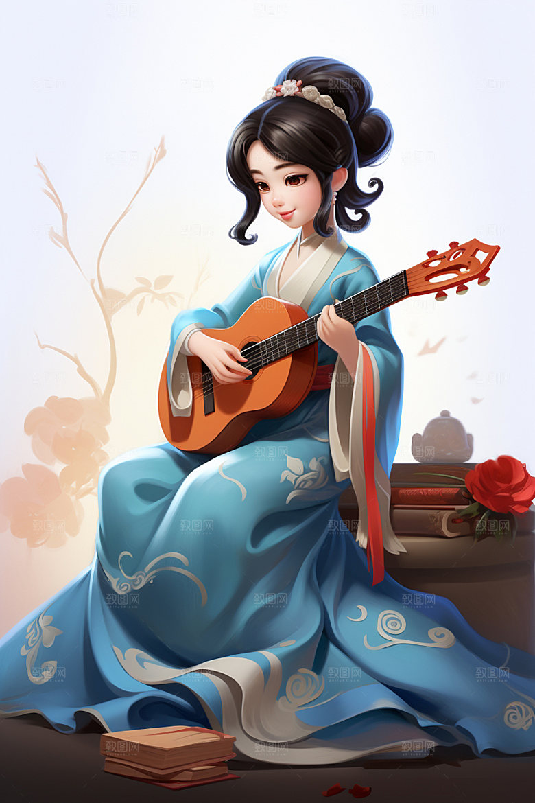 古风弹琴少女演奏乐器插画