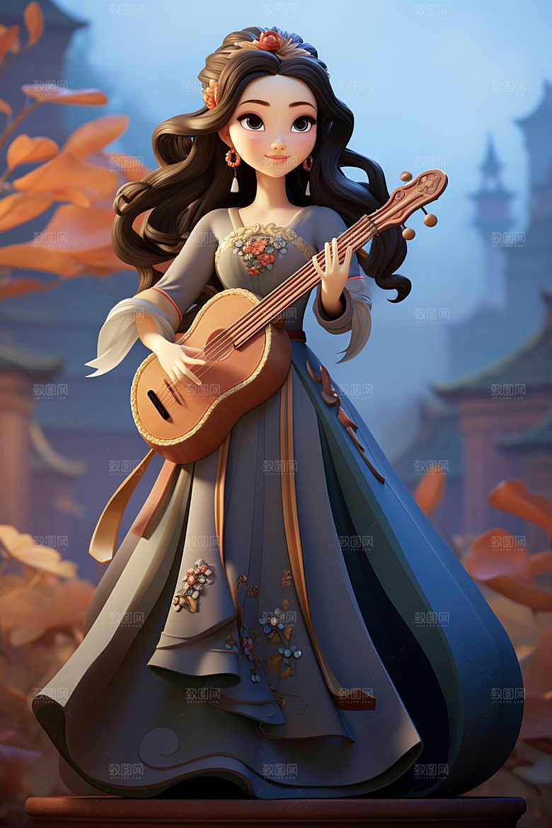 古风弹琴少女乐器中国风插画