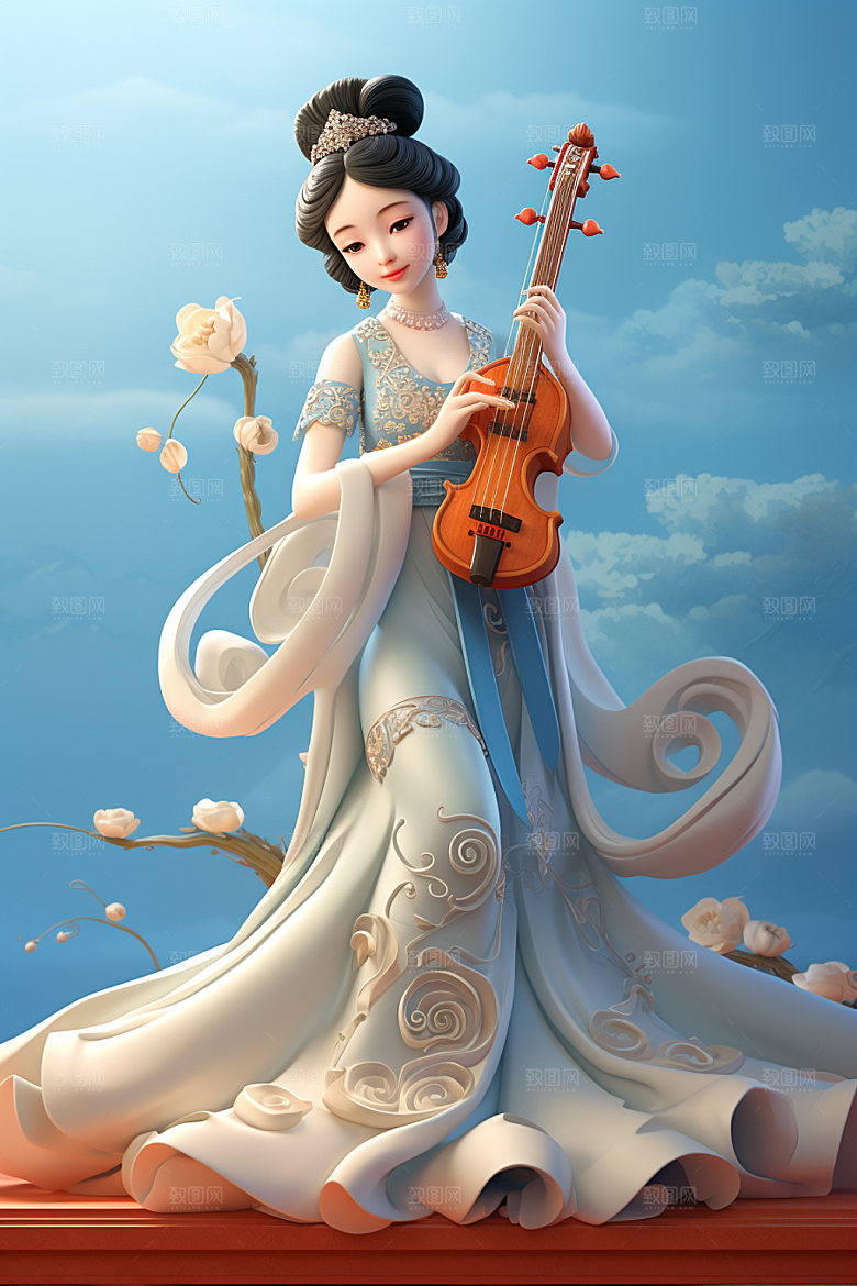 古风弹琴少女汉服乐器插画