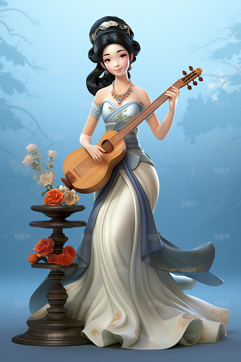 古风弹琴少女唯美乐器插画