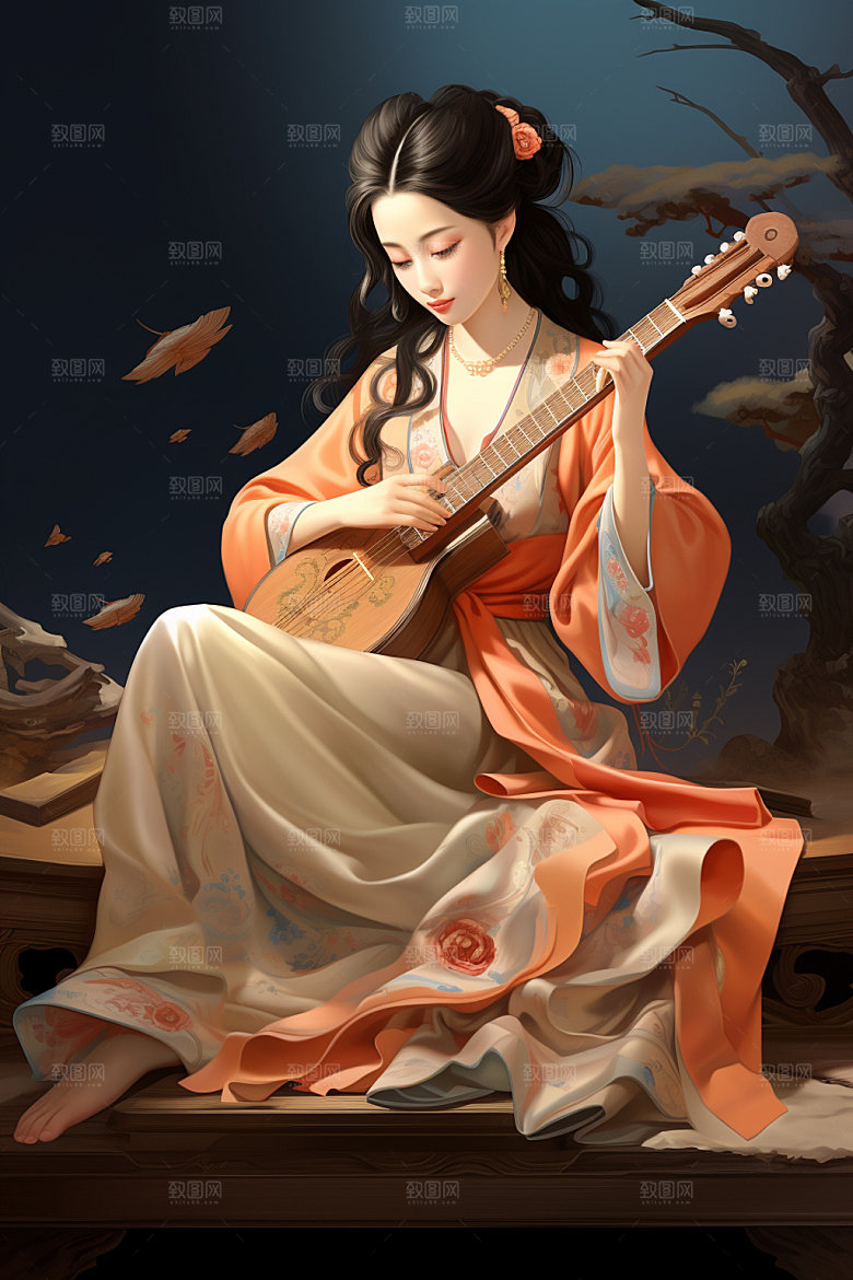 古风弹琴少女唯美传统文化插画
