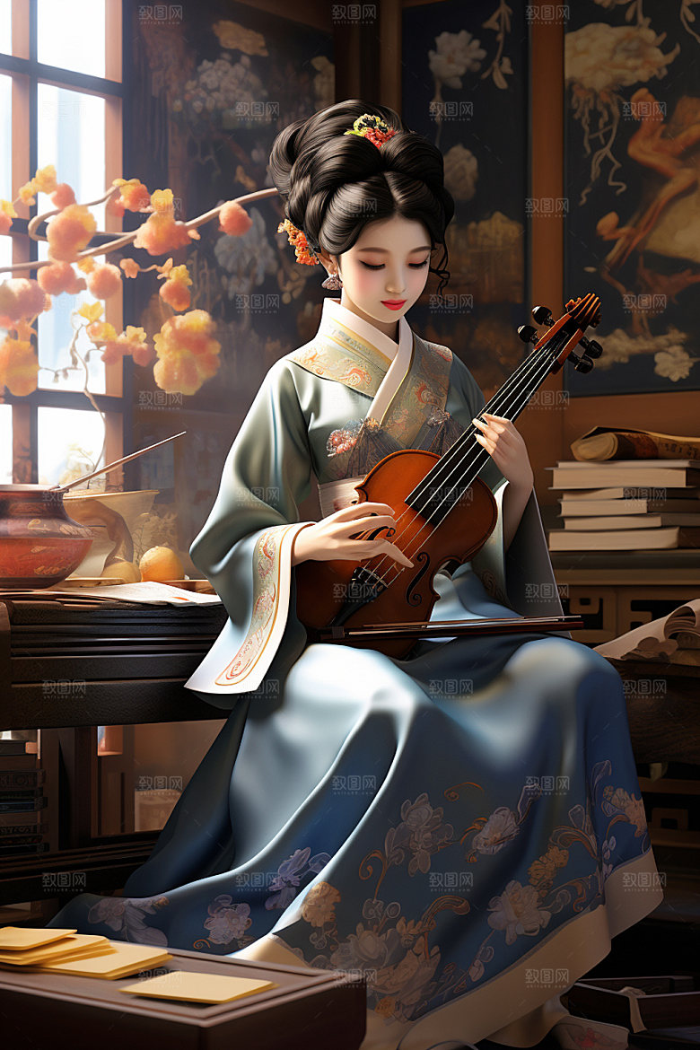 古风弹琴少女中式传统文化插画