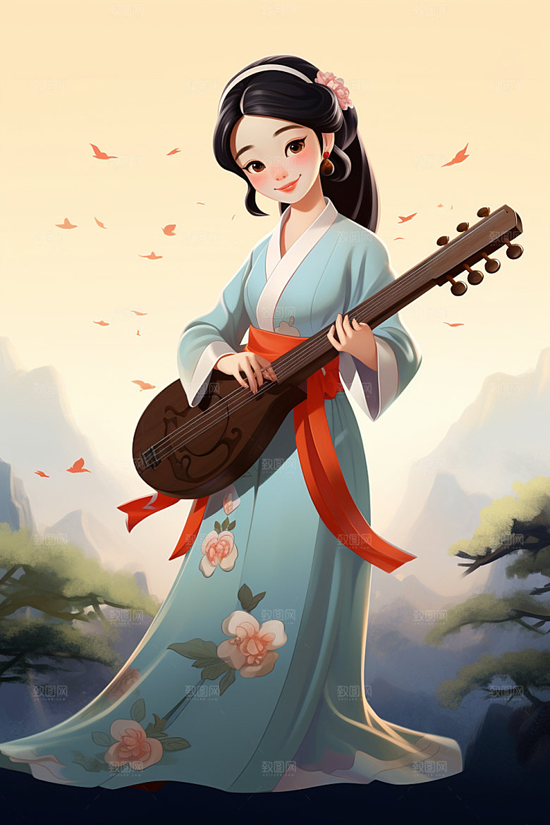 古风弹琴少女乐器演奏插画